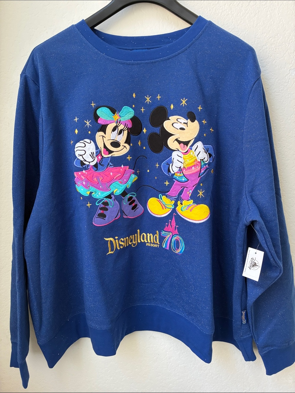 NWT Disneyland 70th Disney Blue Sweater with Colorful Mickey & Minnie